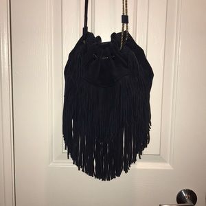 Drawstring Fringe Suede Purse